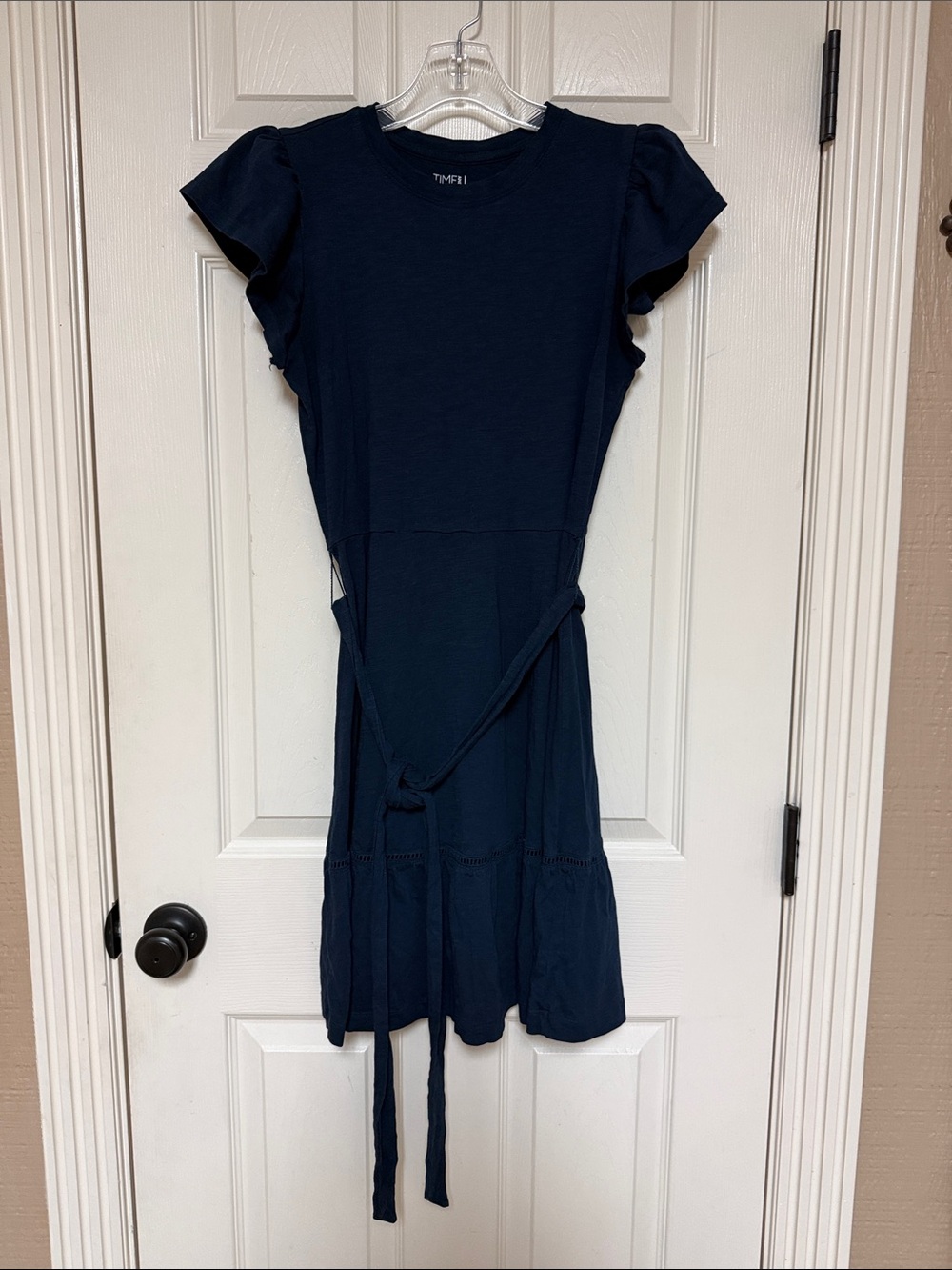 Time and Tru Navy Ruffle Sleeve Tie-Waist Mini Dress